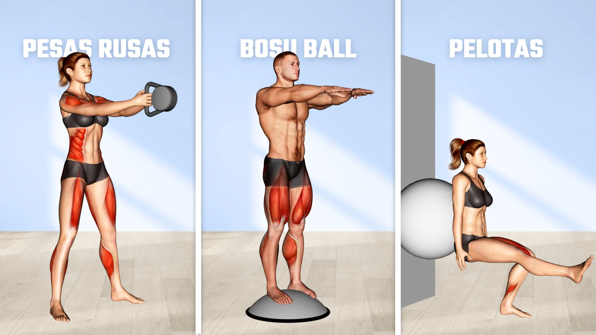 1. Equipo básico de entrenamiento en casa para regalar en navidad: Pesas rusas, Bosu ball y Pelota de yoga